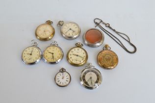 A continental open faced lady's fob watch, in white metal case, white enamel face and numerals,
