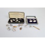 A quantity of silver cufflinks and dress studs, including a cased pair of Japanese cultured pearl