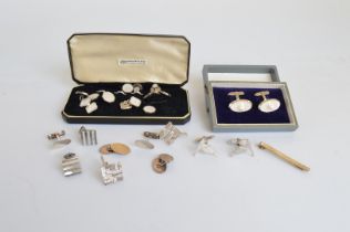 A quantity of silver cufflinks and dress studs, including a cased pair of Japanese cultured pearl