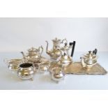 A four piece Britannia metal tea set, together with an electroplated four piece tea set and two