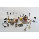 A collection of brass and copper ware, mostly Norwegian in origin including a pestle and mortar, a