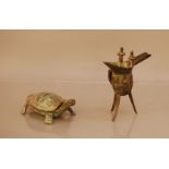 Two Tang style cast bronze items, comprising an offering cup 16.5cm high and a tortoise with opening