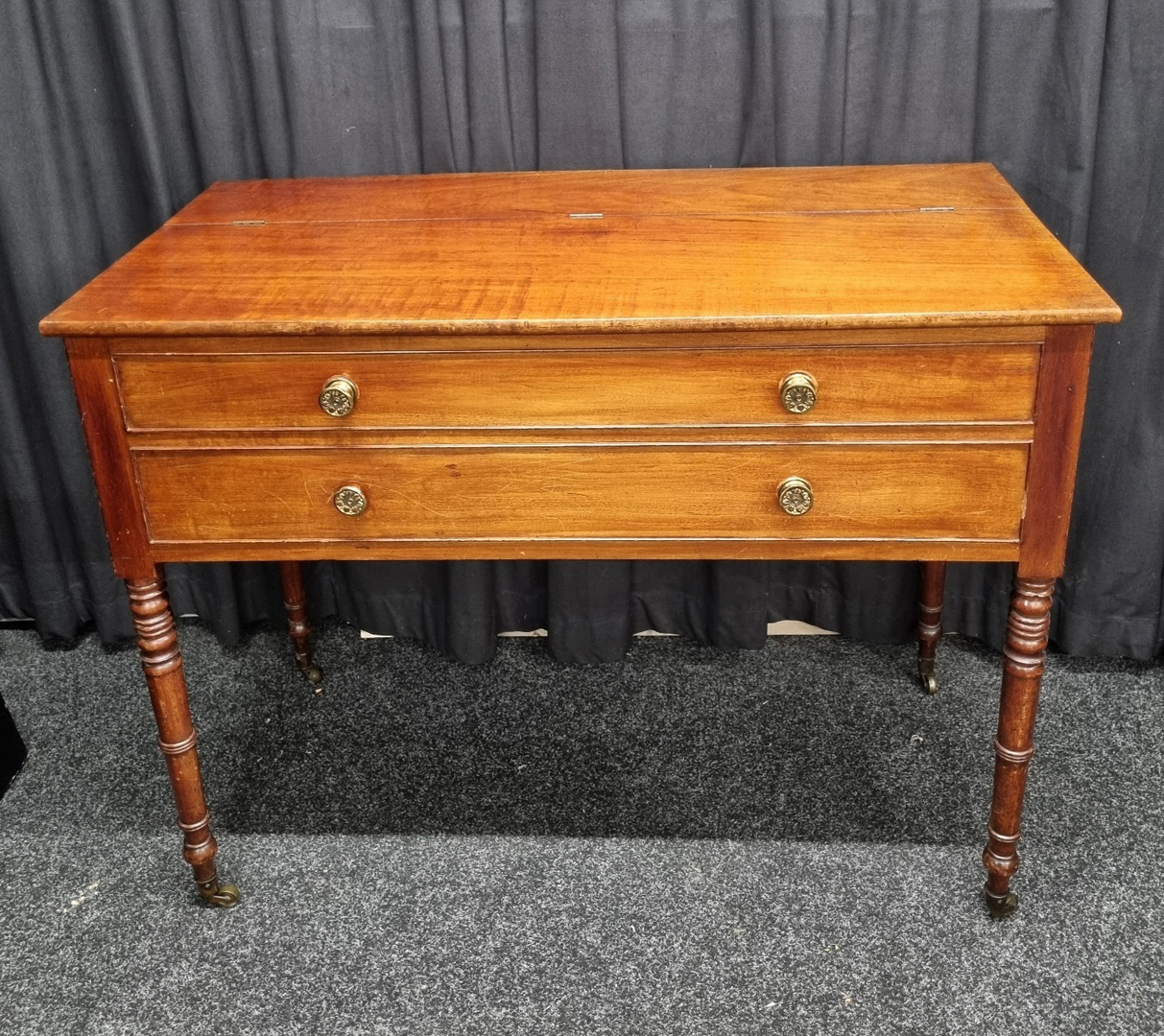 An 1840 mahogany piano forte converted to side table, with lifting lid and faux drawers with brass - Image 2 of 3