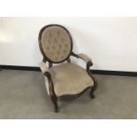 A Victorian rosewood armchair, with later beige velvet armchair, with oval back, arm AF