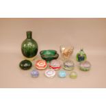 A group of glassware and glass paperweights, to include a coloured glass vase, ashtray, millefiori