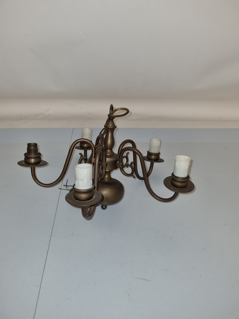 Two brass ceiling lights, an eight scroll arms, with leaf terminals, on a shaped central column - Image 2 of 2