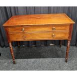 An 1840 mahogany piano forte converted to side table, with lifting lid and faux drawers with brass