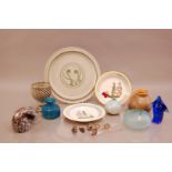 A group of studio pottery and glass, including plates, the largest 29cm in diameter, ceramic jugs,