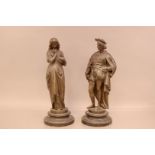 A pair of Victorian spelter figures, he stands 43.5cm, possibly Romeo and Juliet (2)