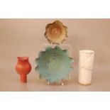 Four items of studio pottery, comprising one white glazed stoneware vase 20.5cm high, a further