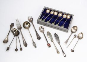 A collection of silver and white metal and plated souvenir and other spoons and forks, together with