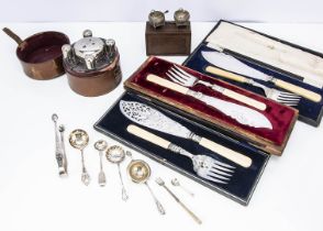 A collection of silver and silver plate, including a pair of Georgian silver tongs, a continental