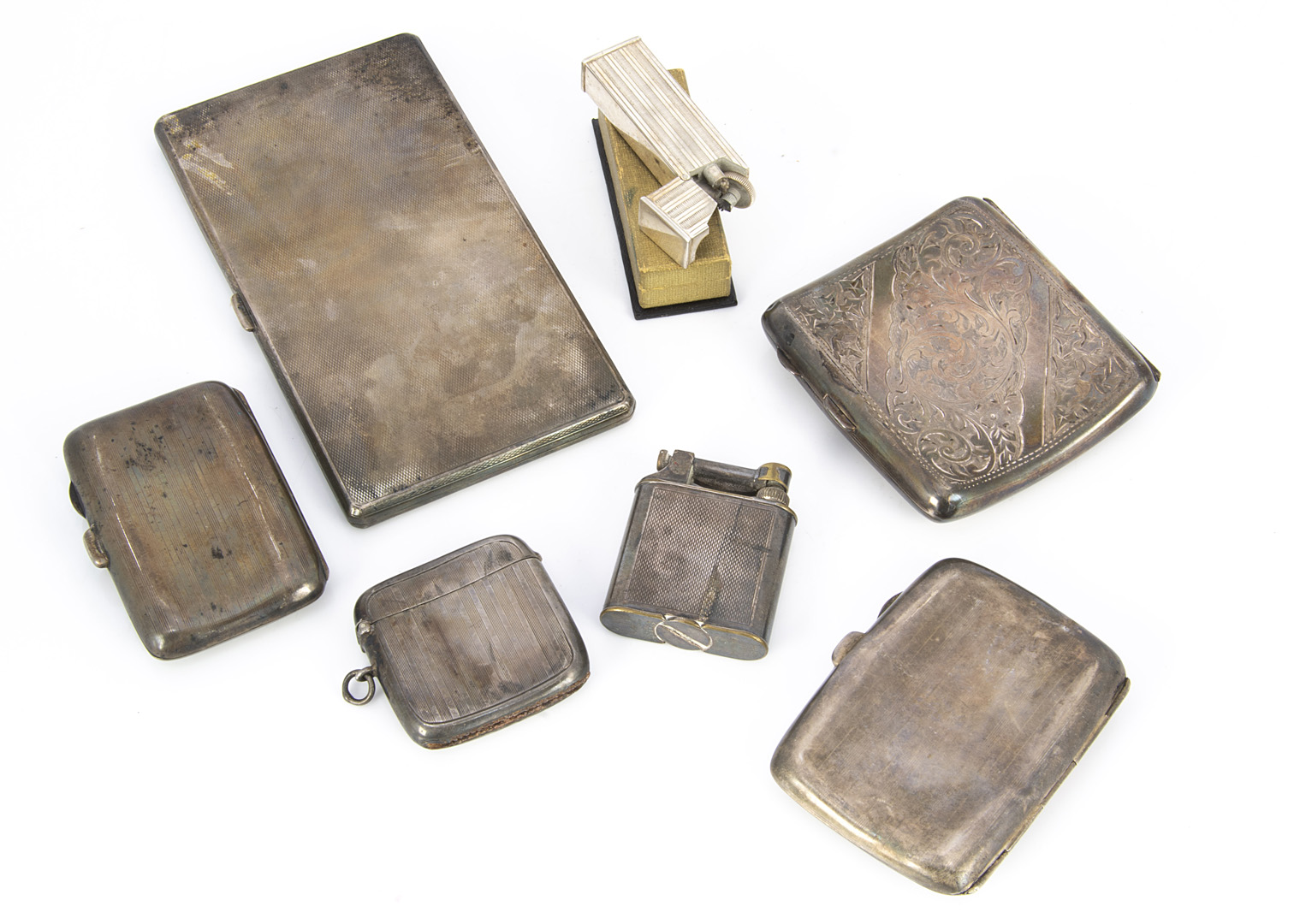 Four Victorian and Art Deco silver cigarette cases and a vesta case and two cigarette lighters, - Image 2 of 2