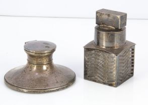 An Art Deco silver filled capstan inkwell, together with a silver and glass scent bottle and stopper