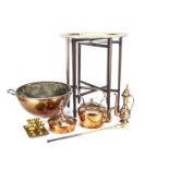 A large vintage copper bowl pan, together with a Middle Eastern copper coffee pot, a brass tray