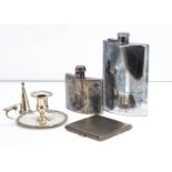 Three items of George V collectable silver, including a small hipflask, dented, a go-to-bed