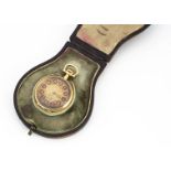 A late 19th century continental yellow metal and re enamelled lady's open faced fob watch, AF,