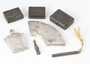 Three small Japanese white metal pill boxes, together with a needle case, a scent bottle, a fan
