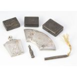 Three small Japanese white metal pill boxes, together with a needle case, a scent bottle, a fan