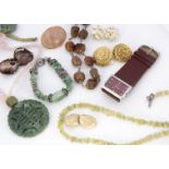 A collection of hardstone and costume jewels, including amethyst bolder necklace, rose quartz