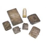 Four Victorian and Art Deco silver cigarette cases and a vesta case and two cigarette lighters,