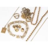 A collection of 9ct gold jewellery, including an Aries pendant and chain, three bar gate link