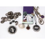 A small collection of white metal and silver including coins, together with two gilt metal and