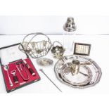 A collection of silver and silver plate and other items, including a silver perpetual desk calendar,