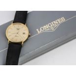 A modern Longines Quartz Presence 9ct gold cased gentleman's wristwatch, 31mm case, gilt dial with