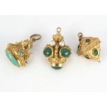 Three continental yellow metal gem set fobs, set with green gems, including turquoise, green