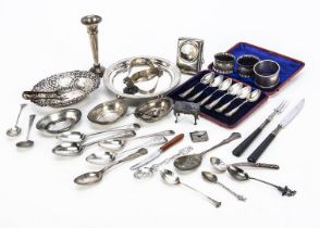 A collection of silver and other items, including a cased set of six teaspoons, a pair of napkin