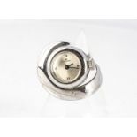 A Bucherer silver ladies dress ring watch, silvered dial with Roman numerals to XII, III,VI&IX, ring