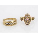 An Edwardian ruby and seed pearl navette shaped dress ring, the central cushion cut ruby