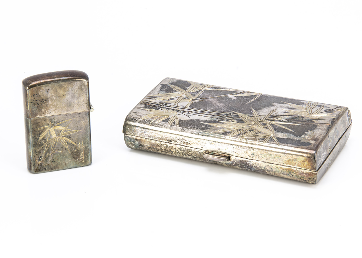 An Art Deco period Japanese white metal cigarette case and lighter, with bamboo design (2)