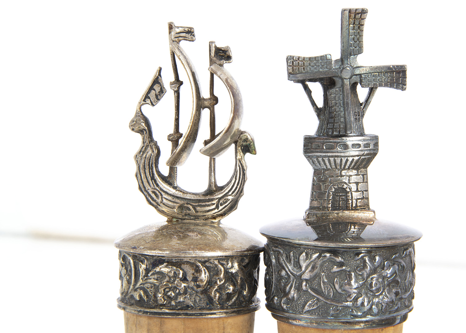 A pair of Far Eastern white metal slipper ashtrays, together a white metal bell, spirit measure, and - Image 2 of 2