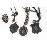 Two early 20th century silver watch chains, together with a silver fob, chain necklace and