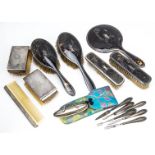 A collection of dressing table items, including a 1920s tortoiseshell and pique hand mirror, pair of