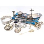 A collection of silver plated items, also a small white metal rickshaw, also a rickshaw cruet set,