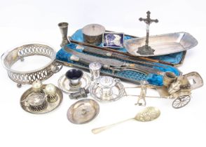A collection of silver plated items, also a small white metal rickshaw, also a rickshaw cruet set,