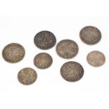 A William III and three George II and four George III coins, including shillings from 1697, F,