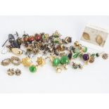 A collection of yellow metal ear studs, various carats, including some set with gems, dyed jadeite