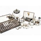 A collection of silver and silver plate, including three silver napkin rings, two silver matchbox