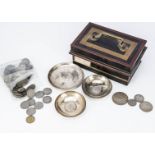 Three vintage white metal and inset coin dishes, together with a collection of World coins including