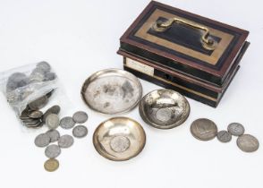 Three vintage white metal and inset coin dishes, together with a collection of World coins including