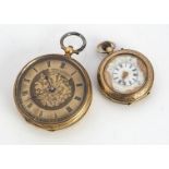 Two late 19th century continental yellow open faced pocket watches, one marked 18k and 39mm, the
