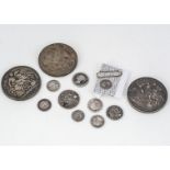 Two Victorian crowns and other coins, with an 1890 example, F, an 1897 crown, F-VF, along with a
