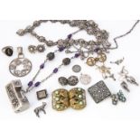 A collection of continental white metal jewels and costume, including a Chinese and amethyst