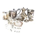 A collection of silver and silver plate, including a set of six silver coffee bean spoons, a small