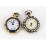 Two pretty late 19th century continental yellow metal and enamelled ladies open faced fob watches,