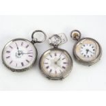 Three pretty late 19th century continental white metal ladies open faced pocket watches